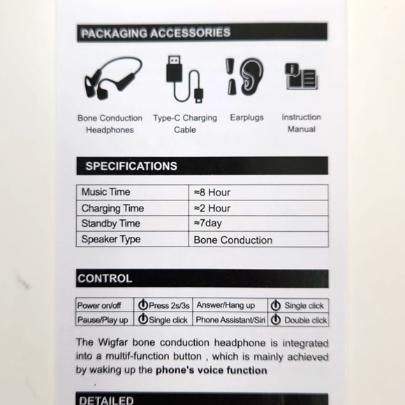 WIGFAR Bone Conduction Bluetooth Headphones in Original Retail Box w/accessories - Picture 11 of 15
